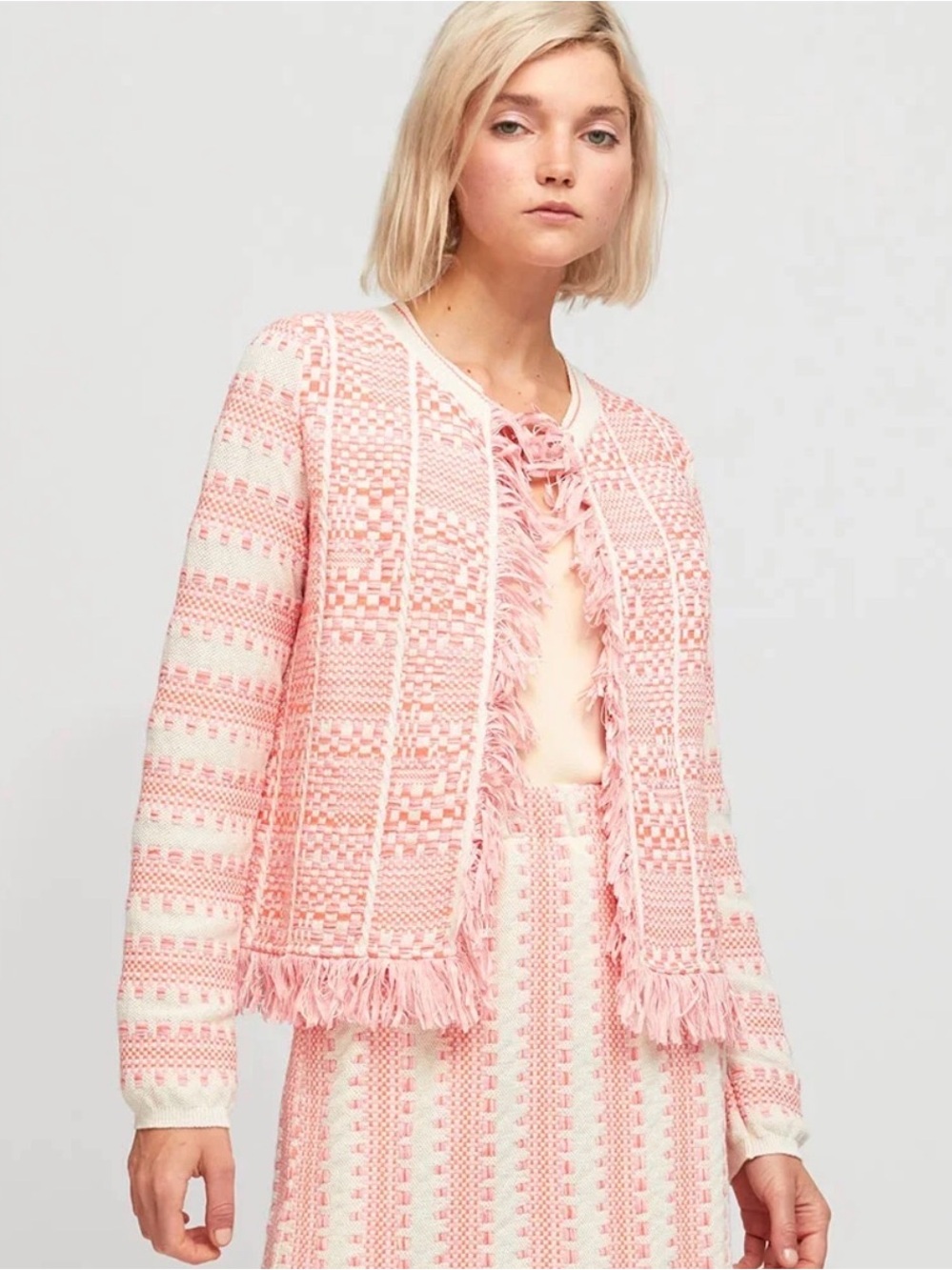 Aldo Martins Pink Fringe Open-Front Woven Jacket